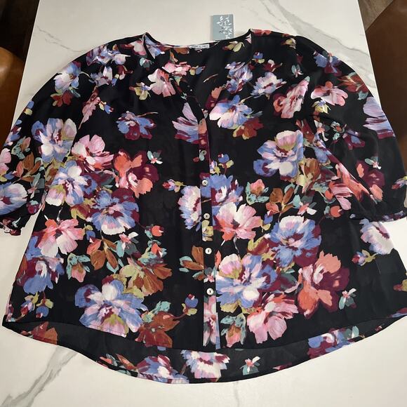 Floral and Ivy Tunic Top 2X Black Floral Button Up 3/4 Sleeves Semi Sheer Boho - Picture 1 of 10